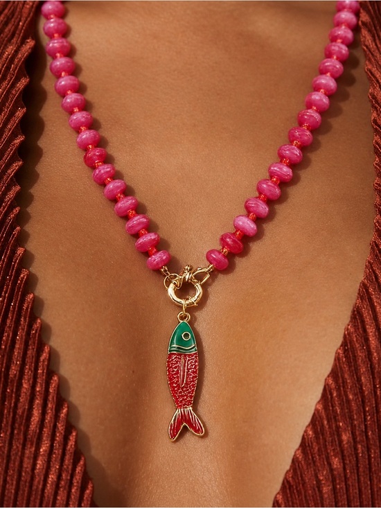 Anthropologie Jewelry - Anthropologie Pink Beaded Necklace with Red & Green Fish Pendant NWOT